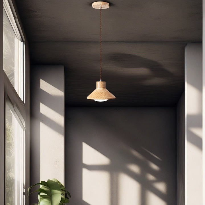 Traditional Japanese Wood Conical 1-Light Pendant Light For Bedroom &amp; Living Room