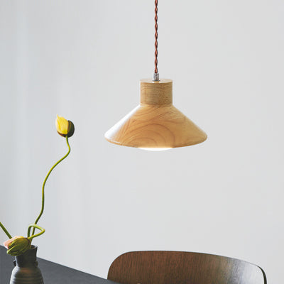 Traditional Japanese Wood Conical 1-Light Pendant Light For Bedroom & Living Room