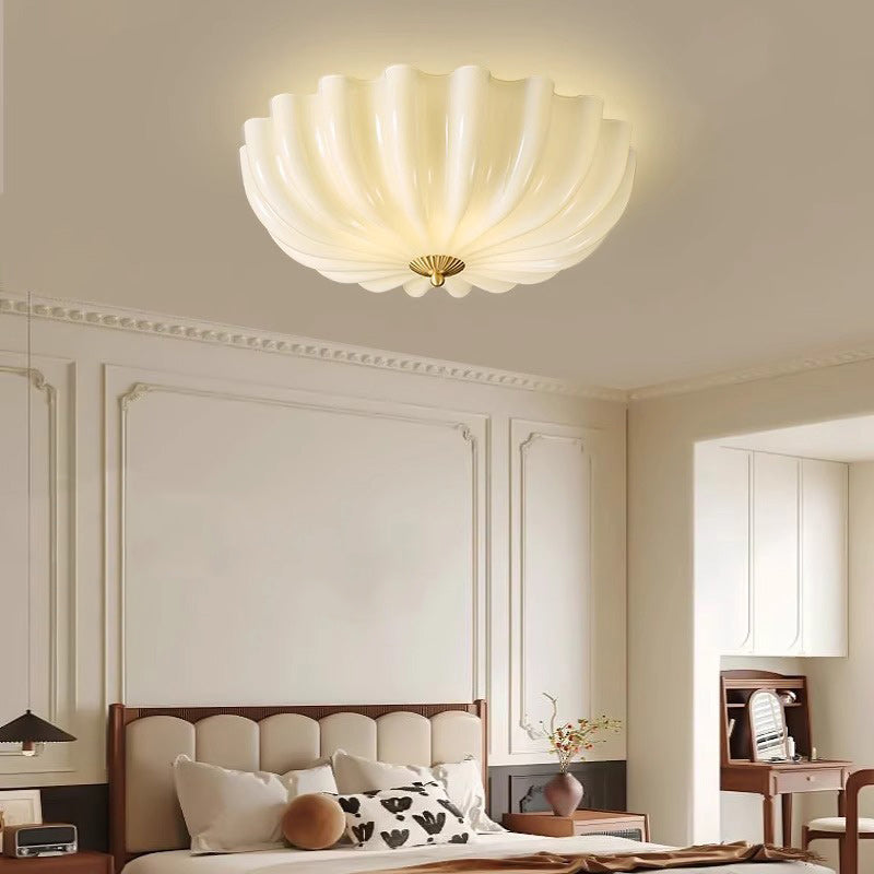 Traditional French Brass & Glass Petal Shade 3/4 Light Flush Mount Ceiling Light For Bedroom & Living Room