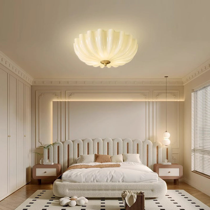 Traditional French Brass & Glass Petal Shade 3/4 Light Flush Mount Ceiling Light For Bedroom & Living Room