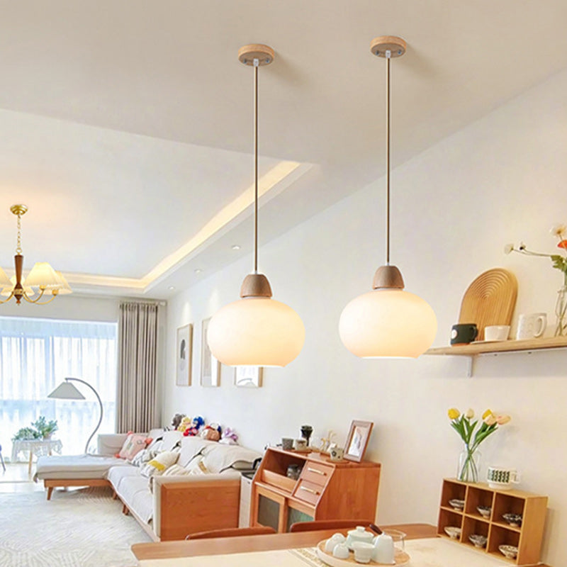 Traditional Japanese Wood & Glass Oval 1/3-Light Island Light Chandelier For Dining Room & Living Room