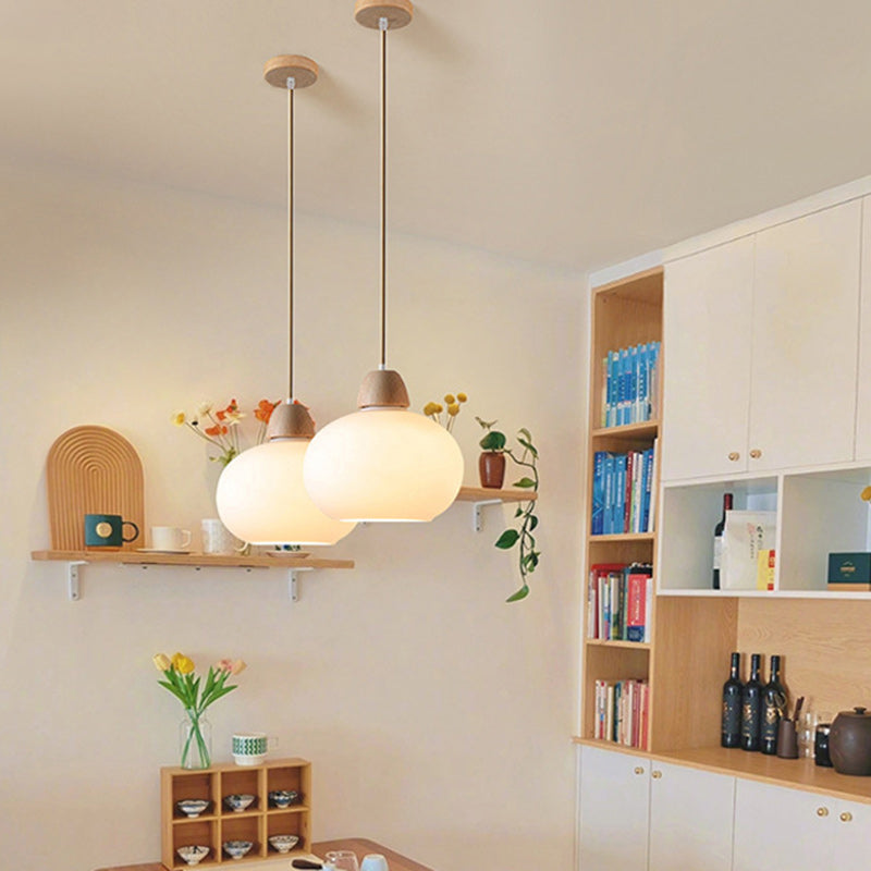 Traditional Japanese Wood & Glass Oval 1/3-Light Island Light Chandelier For Dining Room & Living Room