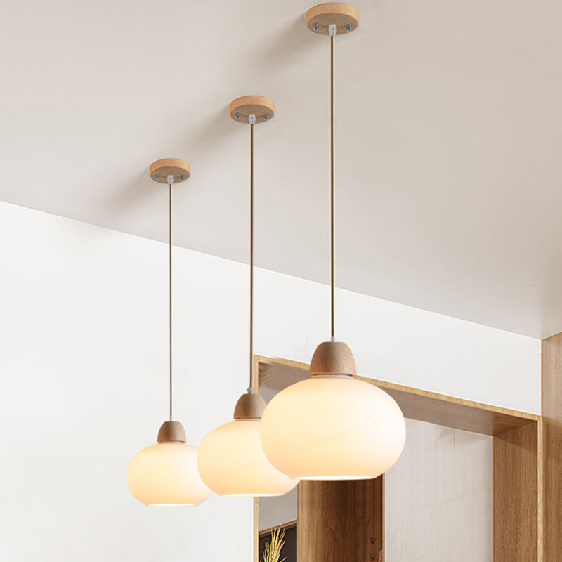 Traditional Japanese Wood & Glass Oval 1/3-Light Island Light Chandelier For Dining Room & Living Room