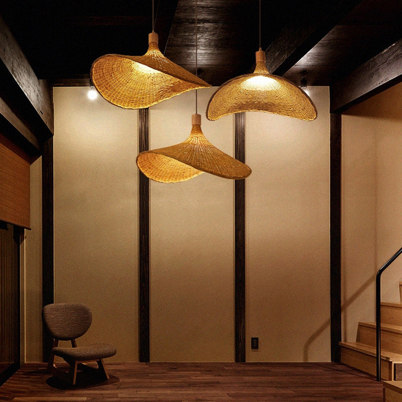 Traditional Chinese Bamboo Straw Hat 1-Light Pendant Light For Bedroom &amp; Living Room