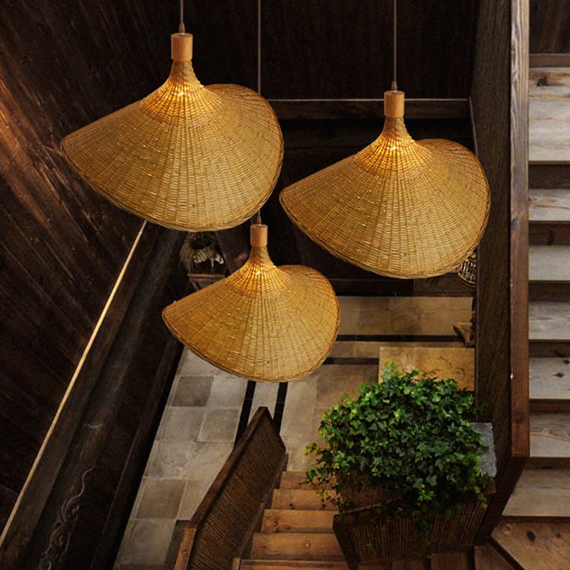 Traditional Chinese Bamboo Straw Hat 1-Light Pendant Light For Bedroom &amp; Living Room