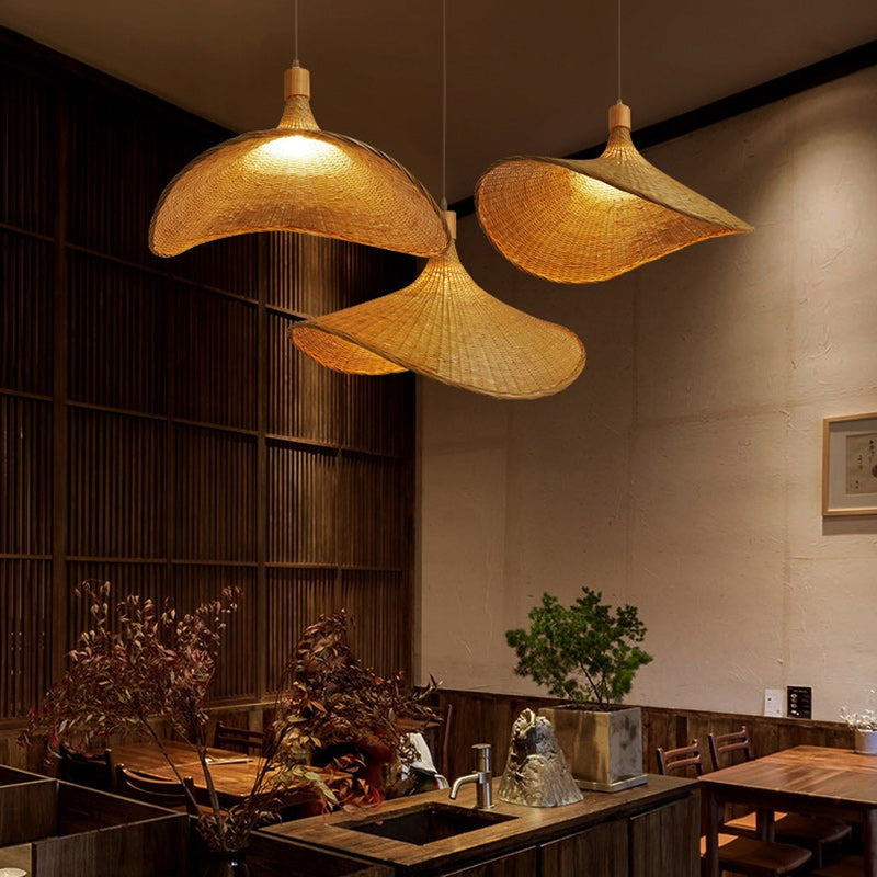 Traditional Chinese Bamboo Straw Hat 1-Light Pendant Light For Bedroom &amp; Living Room