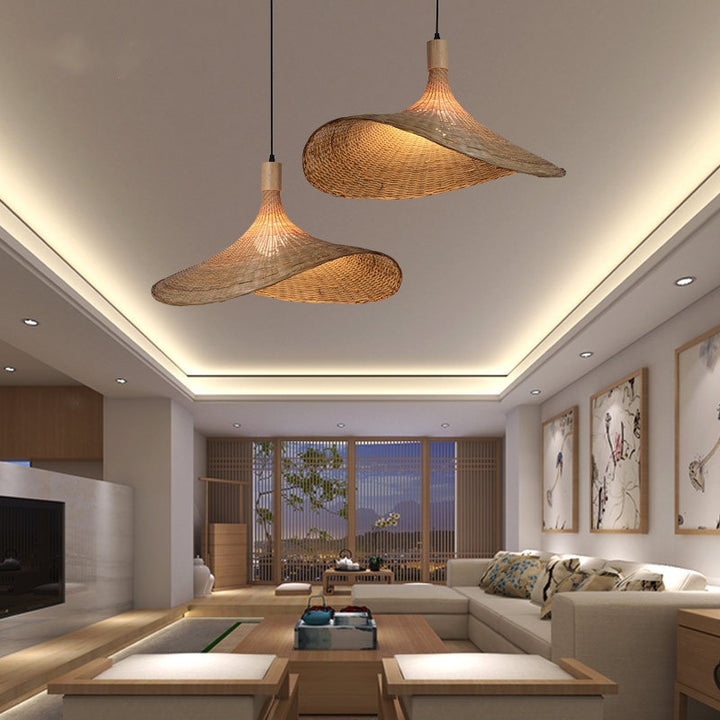 Traditional Chinese Bamboo Straw Hat 1-Light Pendant Light For Bedroom &amp; Living Room