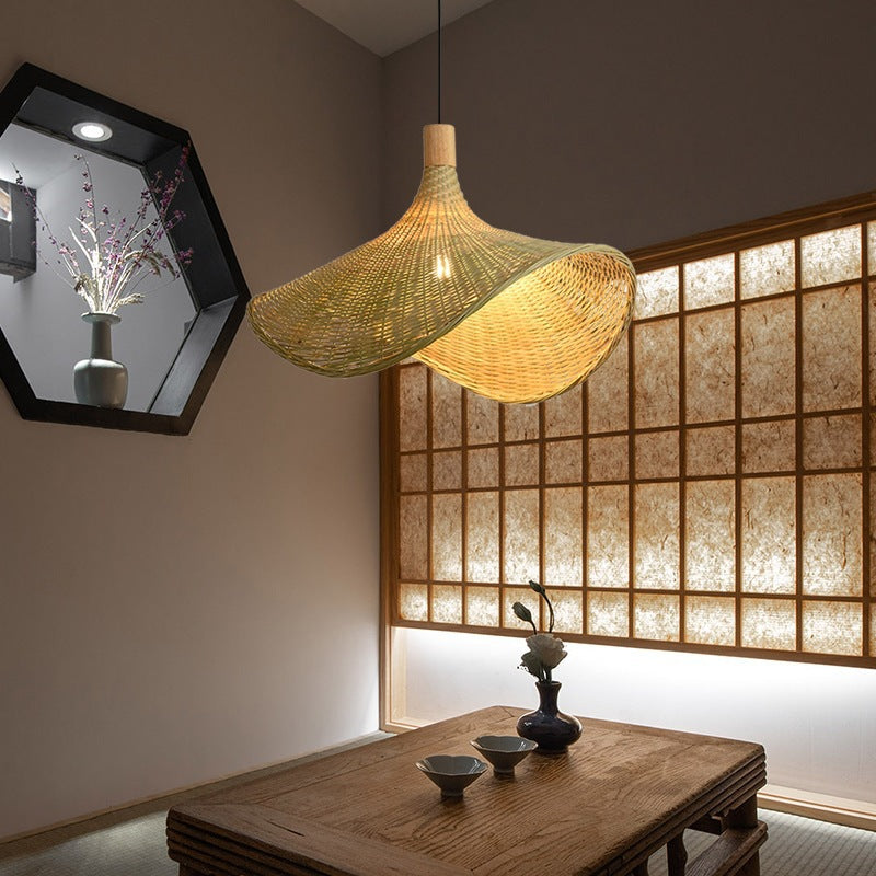 Traditional Chinese Bamboo Straw Hat 1-Light Pendant Light For Bedroom &amp; Living Room