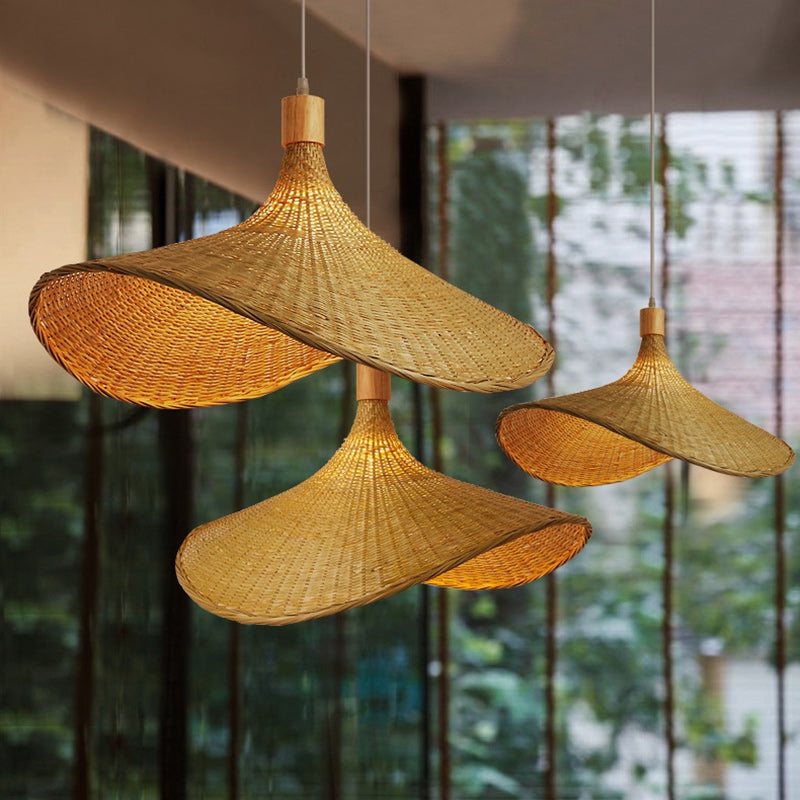 Traditional Chinese Bamboo Straw Hat 1-Light Pendant Light For Bedroom &amp; Living Room