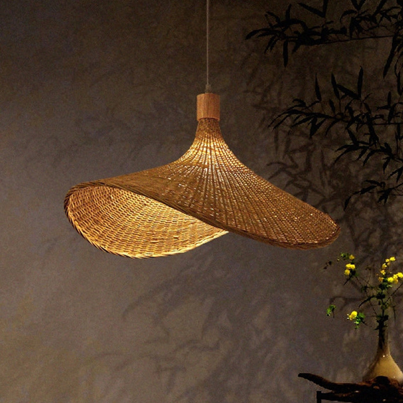Traditional Chinese Bamboo Straw Hat 1-Light Pendant Light For Bedroom &amp; Living Room