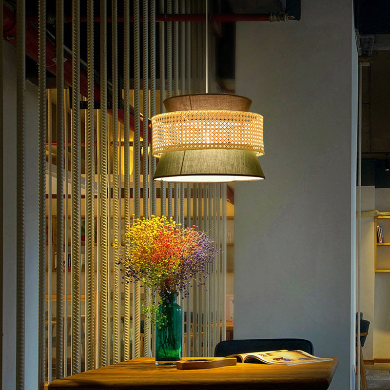Suspension Ronde Trapézoïdale 1-Lumière en Rotin et Tissu Japonais Traditionnel pour Salle à Manger et Salon 