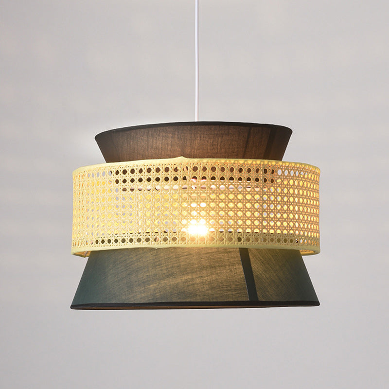 Suspension Ronde Trapézoïdale 1-Lumière en Rotin et Tissu Japonais Traditionnel pour Salle à Manger et Salon 