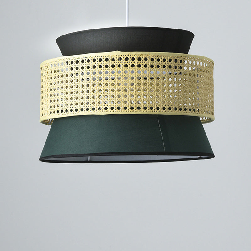 Traditional Japanese Rattan & Fabric Round Trapezoid 1-Light Pendant Light For Dining & Living Room