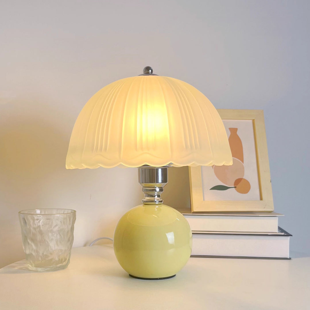 Modern Art Deco Ceramic &amp; Frosted Glass Petal Shade 1-Light Table Lamp For Bedroom &amp; Living Room
