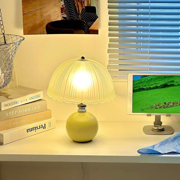 Modern Art Deco Ceramic &amp; Frosted Glass Petal Shade 1-Light Table Lamp For Bedroom &amp; Living Room