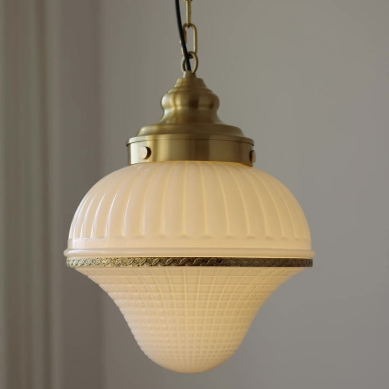 Modern Mid-Century Brass & Glass Ice Cream-Shaped 1-Light Pendant Light For Bedroom & Living Room