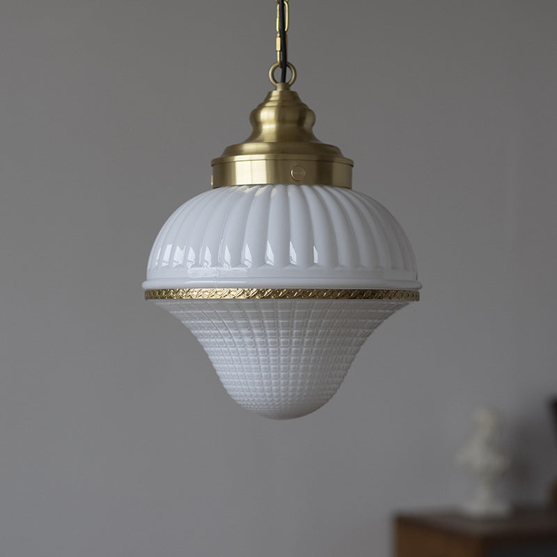 Modern Mid-Century Brass &amp; Glass Ice Cream-Shaped 1-Light Pendant Light For Bedroom &amp; Living Room