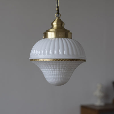 Modern Mid-Century Brass & Glass Ice Cream-Shaped 1-Light Pendant Light For Bedroom & Living Room
