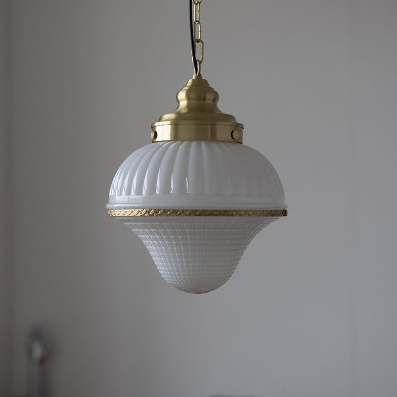 Modern Mid-Century Brass & Glass Ice Cream-Shaped 1-Light Pendant Light For Bedroom & Living Room