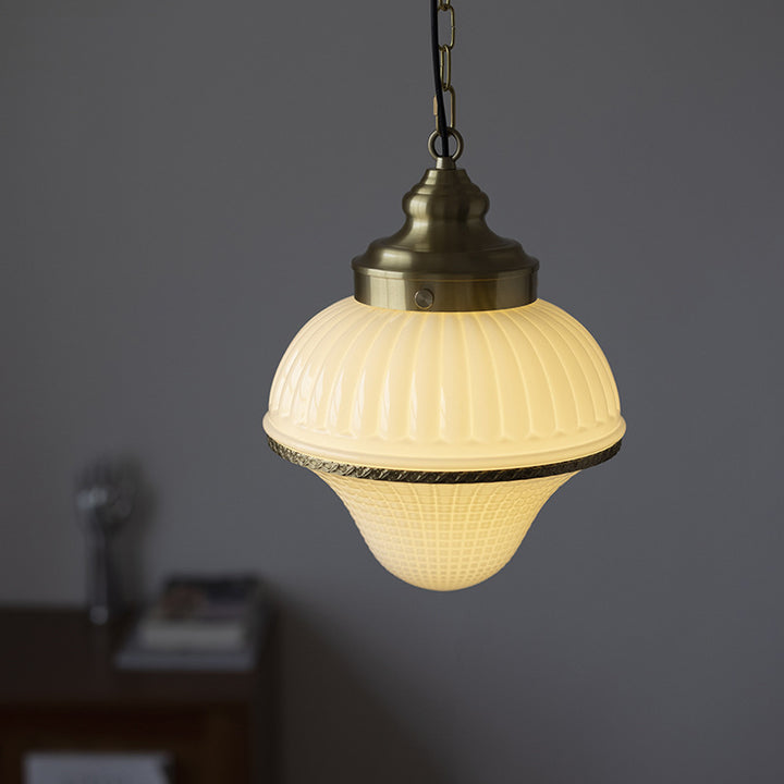 Modern Mid-Century Brass &amp; Glass Ice Cream-Shaped 1-Light Pendant Light For Bedroom &amp; Living Room