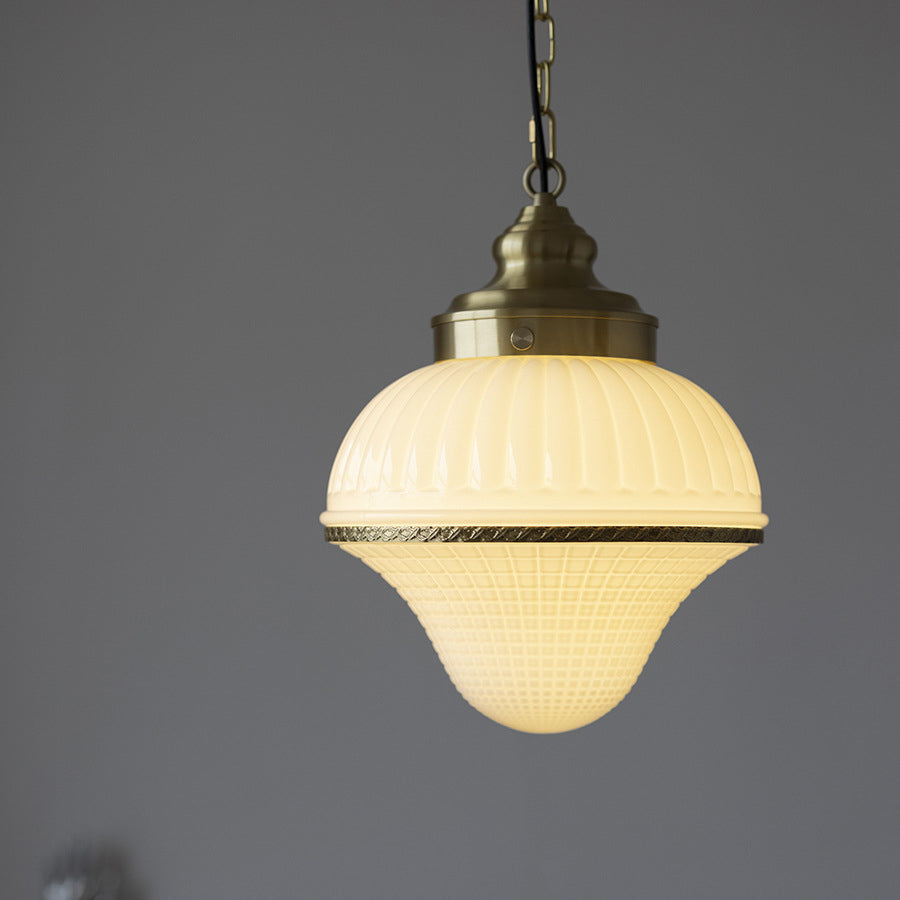 Modern Mid-Century Brass &amp; Glass Ice Cream-Shaped 1-Light Pendant Light For Bedroom &amp; Living Room