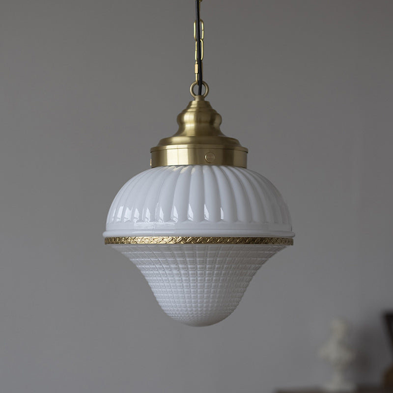 Modern Mid-Century Brass & Glass Ice Cream-Shaped 1-Light Pendant Light For Bedroom & Living Room