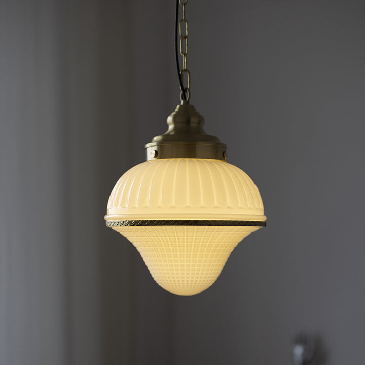 Modern Mid-Century Brass &amp; Glass Ice Cream-Shaped 1-Light Pendant Light For Bedroom &amp; Living Room