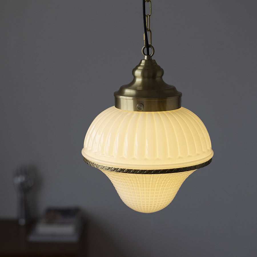 Modern Mid-Century Brass &amp; Glass Ice Cream-Shaped 1-Light Pendant Light For Bedroom &amp; Living Room