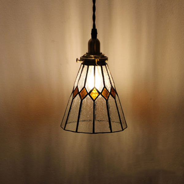 Traditional Vintage Iron &amp; Glass Ribbed Cone 1-Light Pendant Light For Bedroom &amp; Living Room