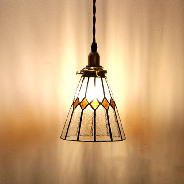 Traditional Vintage Iron &amp; Glass Ribbed Cone 1-Light Pendant Light For Bedroom &amp; Living Room