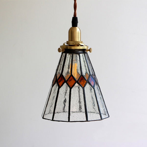 Traditional Vintage Iron &amp; Glass Ribbed Cone 1-Light Pendant Light For Bedroom &amp; Living Room