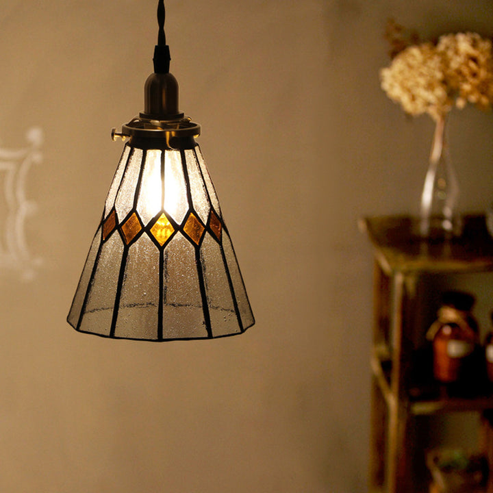 Traditional Vintage Iron &amp; Glass Ribbed Cone 1-Light Pendant Light For Bedroom &amp; Living Room
