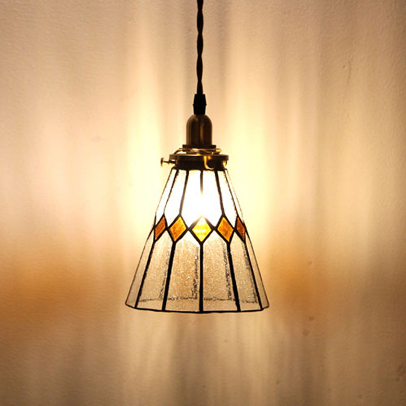 Traditional Vintage Iron &amp; Glass Ribbed Cone 1-Light Pendant Light For Bedroom &amp; Living Room