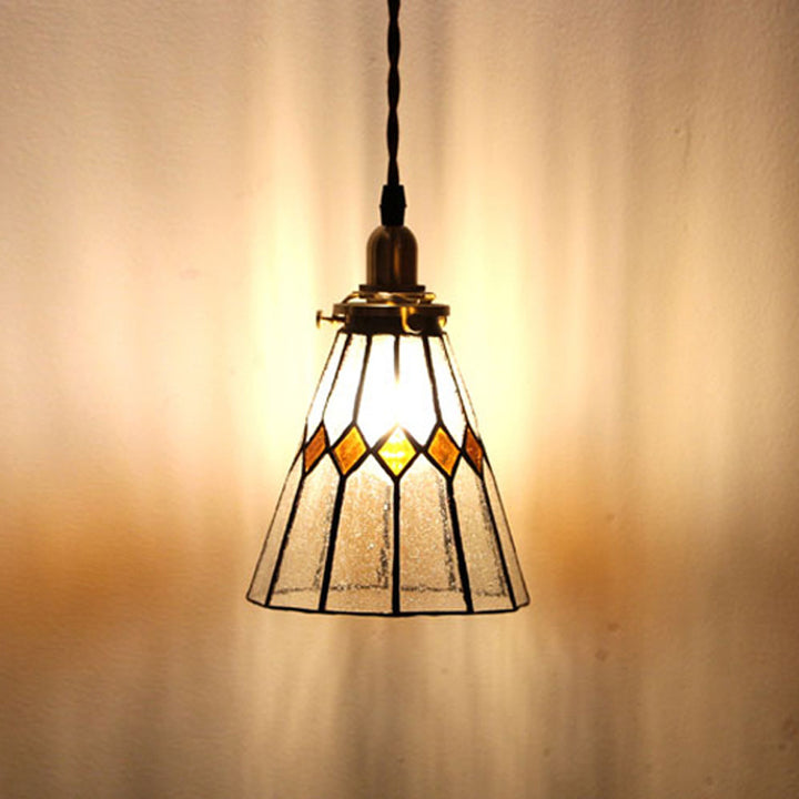 Traditional Vintage Iron &amp; Glass Ribbed Cone 1-Light Pendant Light For Bedroom &amp; Living Room