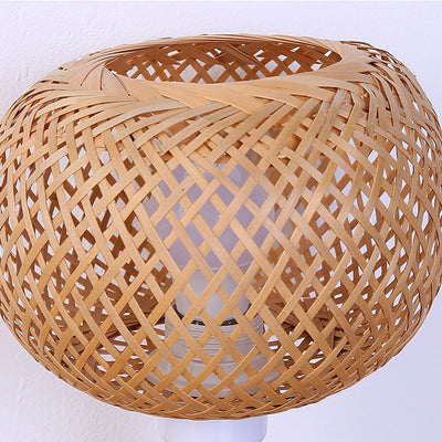 Lampe de table ronde en bois rustique traditionnel et bambou tissé creux à 1 lumière pour chambre et salon 