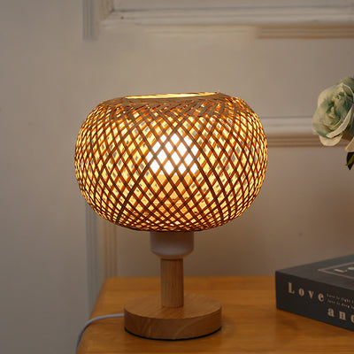 Lampe de table ronde en bois rustique traditionnel et bambou tissé creux à 1 lumière pour chambre et salon 