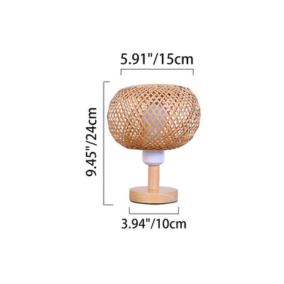 Lampe de table ronde en bois rustique traditionnel et bambou tissé creux à 1 lumière pour chambre et salon 