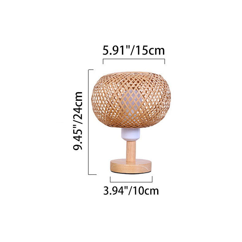 Lampe de table ronde en bois rustique traditionnel et bambou tissé creux à 1 lumière pour chambre et salon 