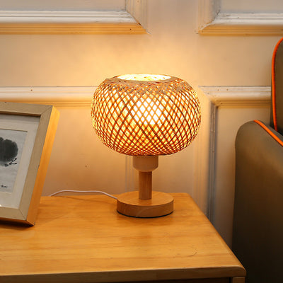 Lampe de table ronde en bois rustique traditionnel et bambou tissé creux à 1 lumière pour chambre et salon 