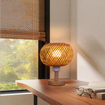 Lampe de table ronde en bois rustique traditionnel et bambou tissé creux à 1 lumière pour chambre et salon 