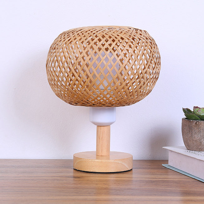 Lampe de table ronde en bois rustique traditionnel et bambou tissé creux à 1 lumière pour chambre et salon 