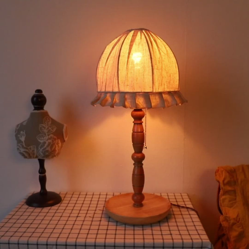 Traditional French Wood & Fabric Lace-Trim Dome Shade 1-Light Table Lamp For Bedroom & Living Room