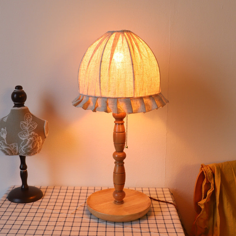 Traditional French Wood & Fabric Lace-Trim Dome Shade 1-Light Table Lamp For Bedroom & Living Room