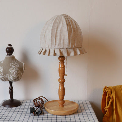 Traditional French Wood & Fabric Lace-Trim Dome Shade 1-Light Table Lamp For Bedroom & Living Room