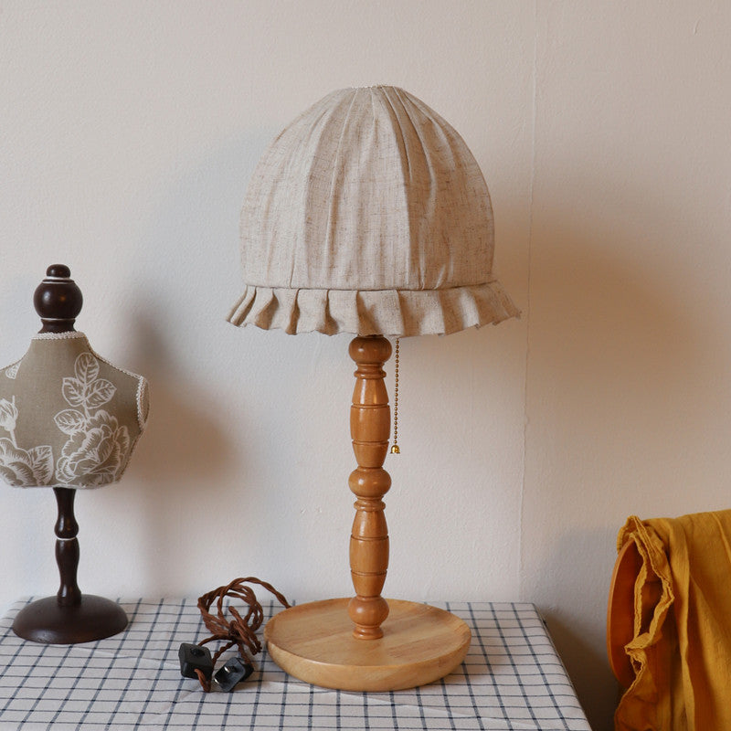 Traditional French Wood & Fabric Lace-Trim Dome Shade 1-Light Table Lamp For Bedroom & Living Room