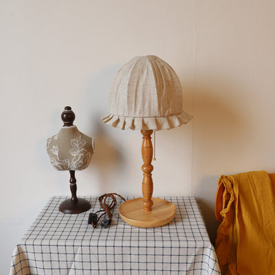Traditional French Wood & Fabric Lace-Trim Dome Shade 1-Light Table Lamp For Bedroom & Living Room