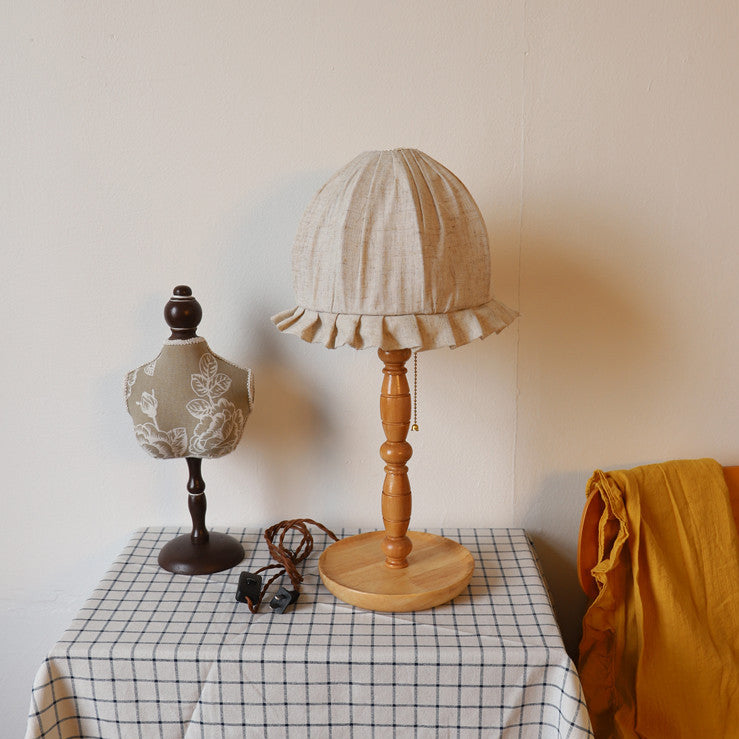 Traditional French Wood & Fabric Lace-Trim Dome Shade 1-Light Table Lamp For Bedroom & Living Room