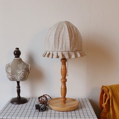 Traditional French Wood & Fabric Lace-Trim Dome Shade 1-Light Table Lamp For Bedroom & Living Room