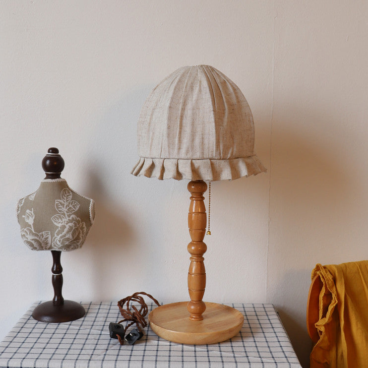 Traditional French Wood & Fabric Lace-Trim Dome Shade 1-Light Table Lamp For Bedroom & Living Room