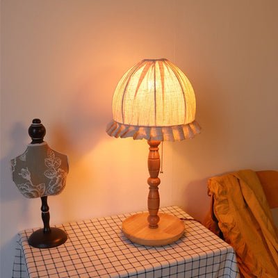 Traditional French Wood & Fabric Lace-Trim Dome Shade 1-Light Table Lamp For Bedroom & Living Room